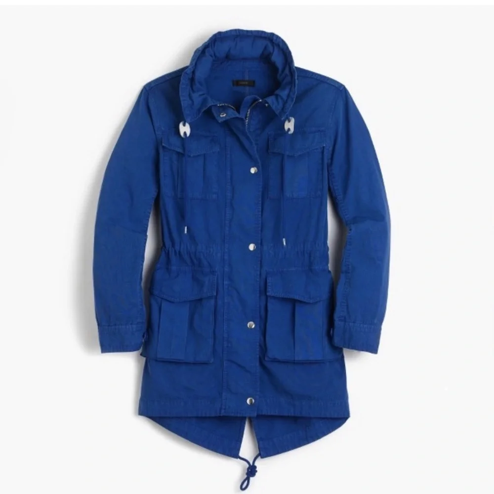J Crew Women’s Blue Lagoon Fatigue Hooded Boyfriend Utility Jacket Cinch Waist - Picture 1 of 16